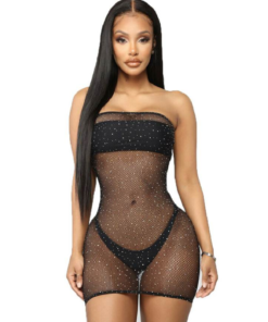 QUEEN LINGERIE - NET BODY DRESS WITH DIAMONDS S/L