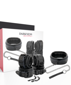 DARKNESS - BLACK LEATHER HANDCUFFS AND COLLAR