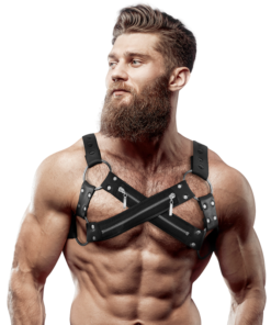 FETISH SUBMISSIVE ATTITUDE - ADJUSTABLE NEOPRENE CROSS-OVER CHEST BULLDOG HARNESS WITH ZIPPERS FOR MEN