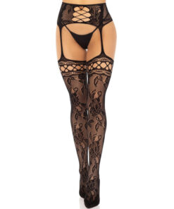 LEG AVENUE - FLORAL LACE GARTER STOCKINGS BLACK