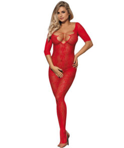 SUBBLIME - 951825 FISHNET CROTCHLESS BODYSTOCKING WITH RED ROSES PATTERN ONE SIZE