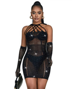 SUBBLIME - 952235 FISHNET DRESS WITH RHINESTONES  BLACK ONE SIZE