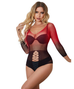 SUBBLIME - 952259 RED AND BLACK GRADIENT LONG SLEEVE ELASTIC FISHNET DRESS ONE SIZE