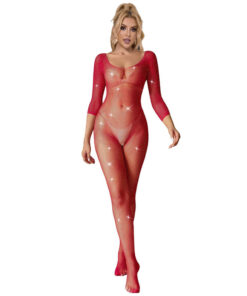 SUBBLIME - 952419 FISHNET BODYSTOCKING WITH DIAMONDS LONG SLEEVE RED ONE SIZE