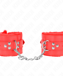 KINK - FUR LINED WRIST RESTRAINTS WITH SQUARE HOLES RED AND RED BELT ADJUSTABLE 17-29 CM X 6 CM