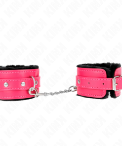 KINK - PREMIUM FUR LINED WRIST RESTRAINTS BLACK WITH RASPBERRY ROSE BELT ADJUSTABLE 17-29 CM X 6 CM
