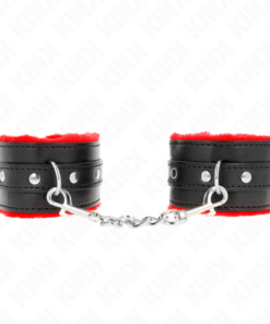 KINK - PREMIUM FUR LINED WRIST RESTRAINTS RED WITH BLACK BELT ADJUSTABLE 17-29 CM X 6 CM