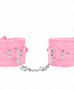 KINK - FUR LINED WRIST RESTRAINTS WITH SQUARE HOLES PINK AND PINK BELT ADJUSTABLE 17-29 CM X 6 CM