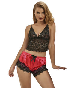 SUBBLIME - 953966 CASUAL SILK NIGHTGOWN + LACE PANTS BLACK/RED L/XL