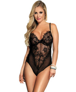 SUBBLIME FLORAL LACE AND FRINGED BLACK TEDDY S/M