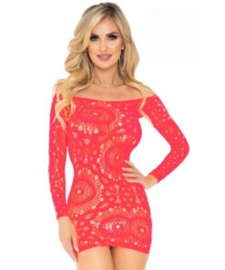 LEG AVENUE - CROCHET LACE LONG SLEEVE MINI DRESS RED ONE SIZE