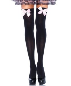 LEG AVENUE - BLACK NYLON THIGH HIGHS WITH PINK BOW ONE SIZE
